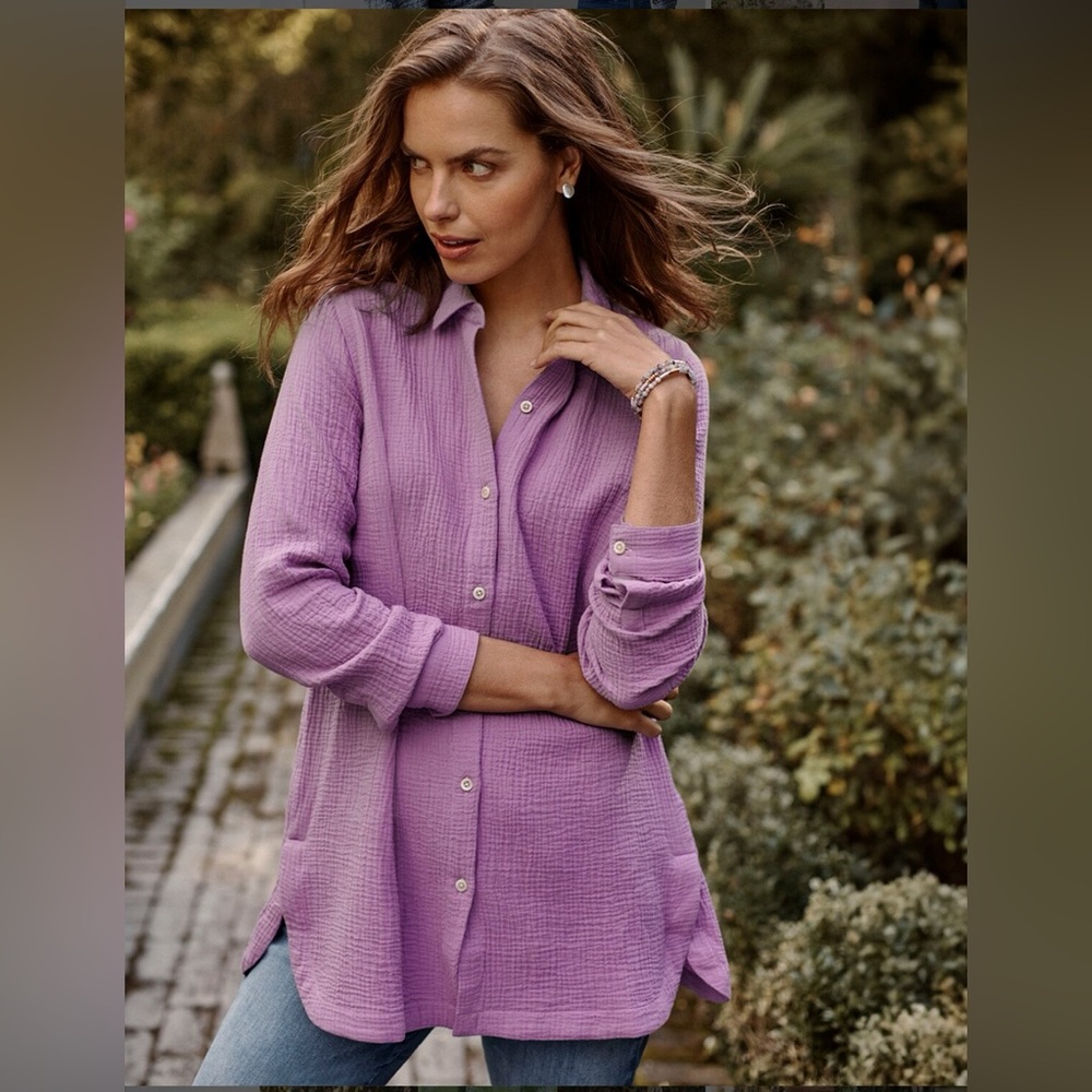 J. Jill Gauze 100% Cotton Vibrant Pastel Purple Button-Down Shirt